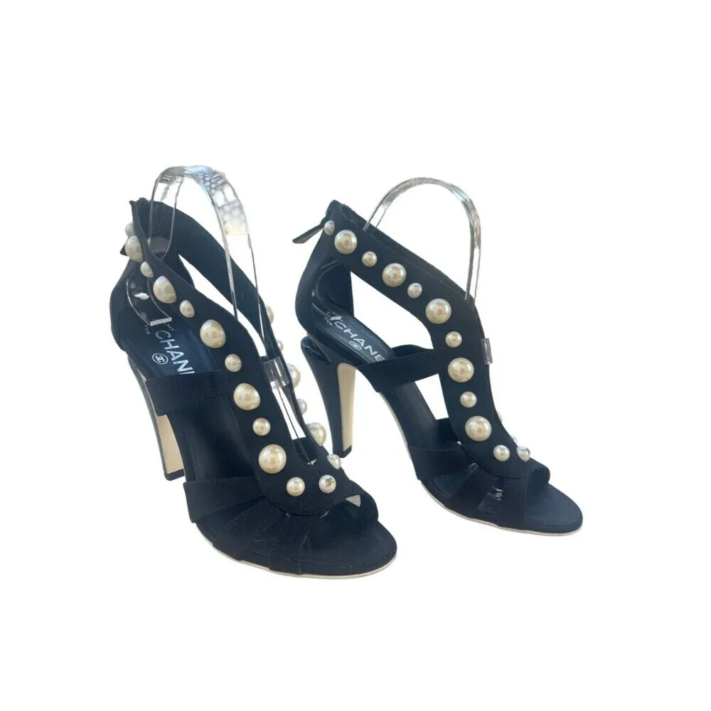 Chanel Black Strap Pearl Embellished Heels